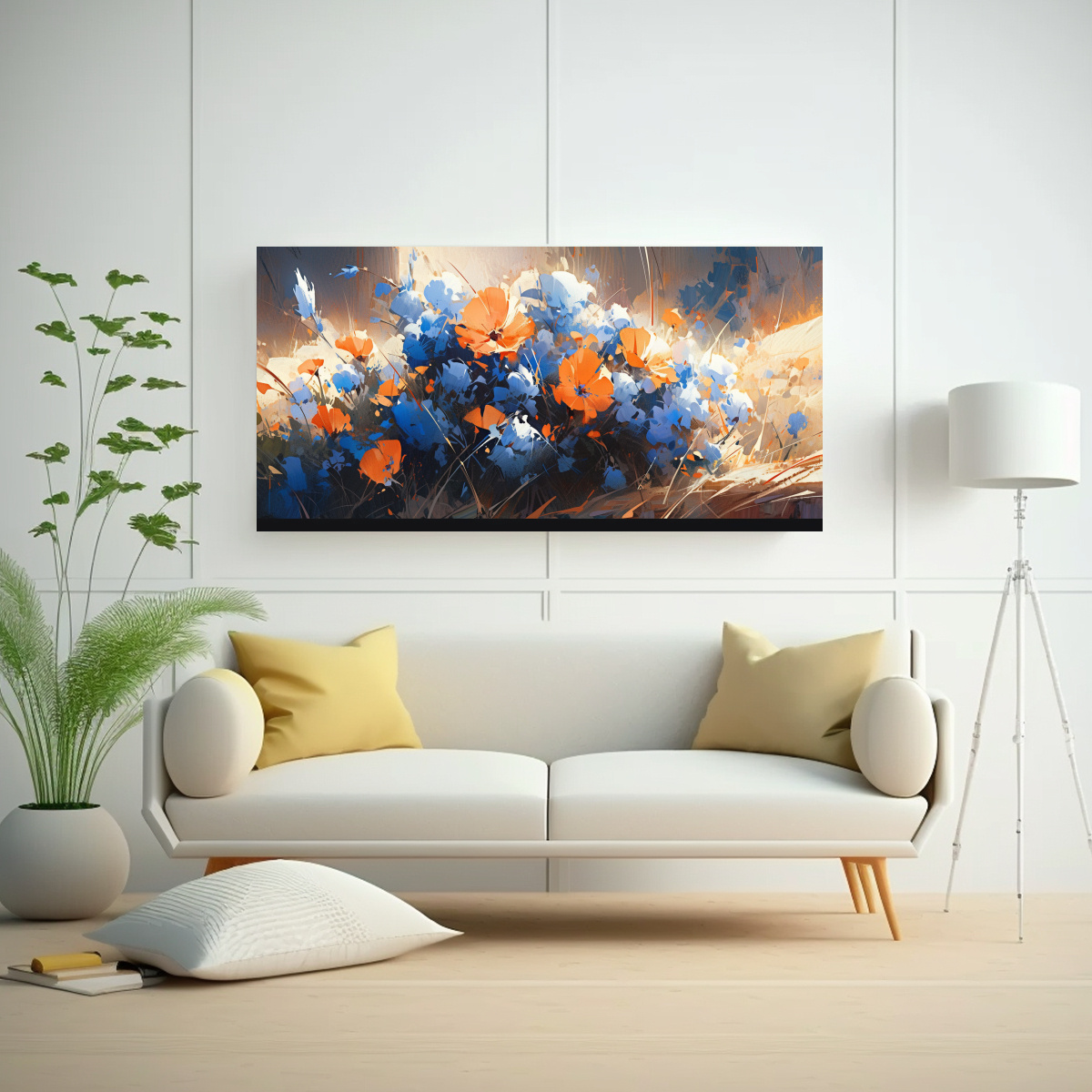 PINTURA EN BASTIDOR ESTILO GALERÍA: FLORES EN COLORES NARANJA Y AZUL PARA DECORACIÓN 140X70CM - 2