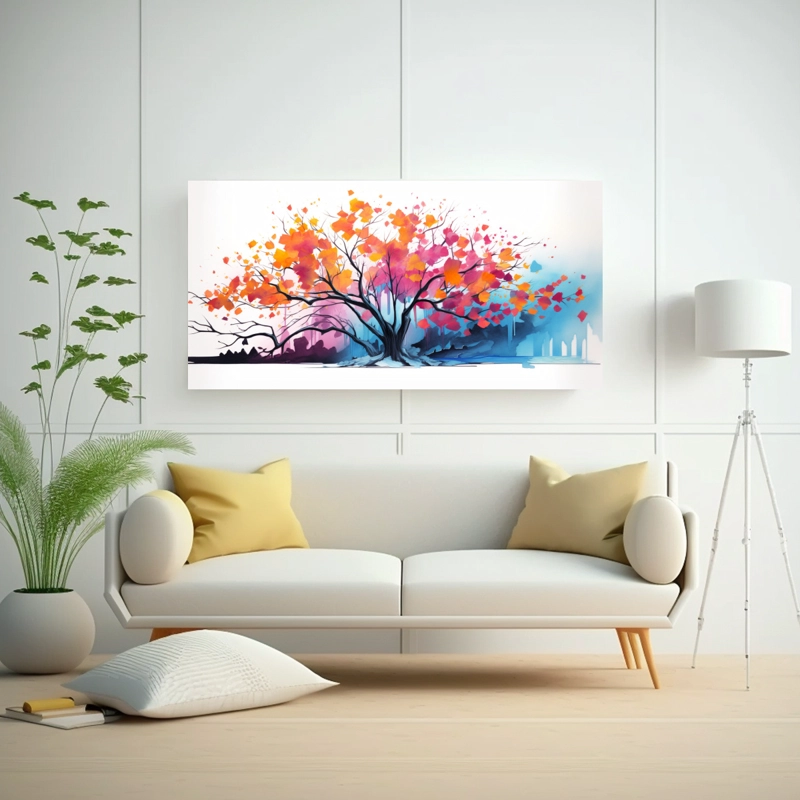 PINTURA DE DECORACIÓN: ÁRBOL ASPEN EN COLORES PASTEL, ESTILO NEONOIR Y NEO POP. 100X50CM - 2
