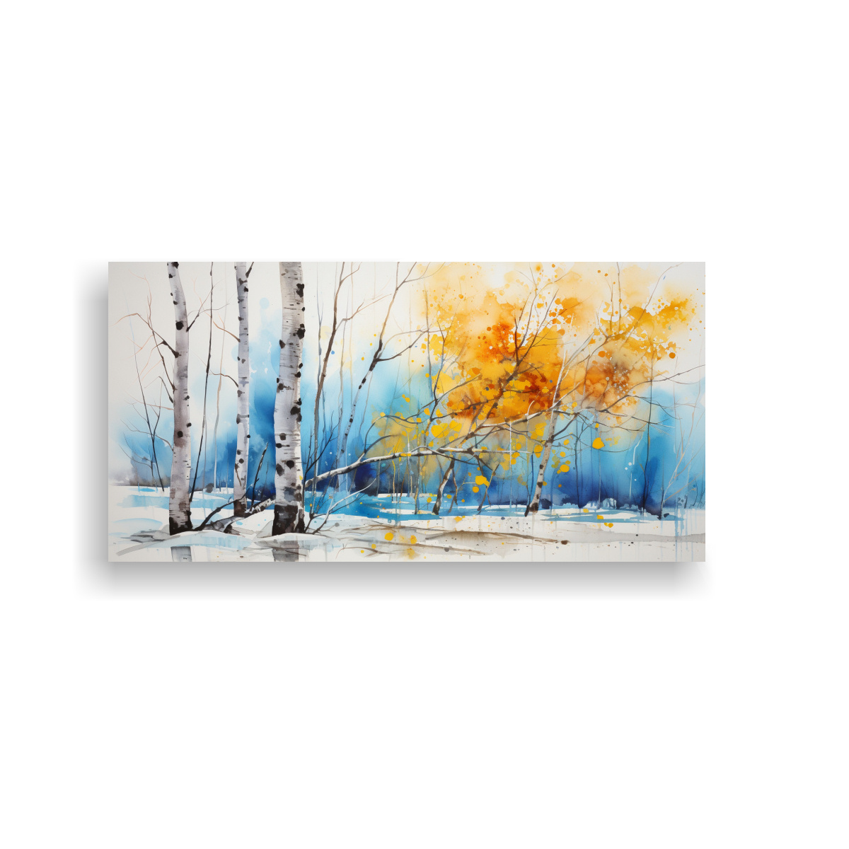 CUADRO DE INSPIRACIÓN AMBIENTE CON ÁRBOL DE ABEDUL, COLORES AMARILLO Y AZUL, PINTURA ABS 60X30CM - 1