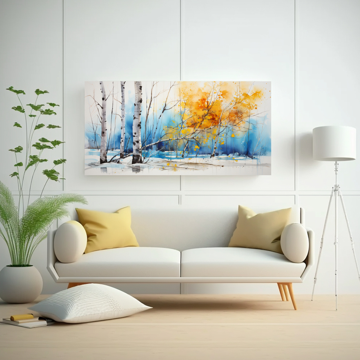 CUADRO DE INSPIRACIÓN AMBIENTE CON ÁRBOL DE ABEDUL, COLORES AMARILLO Y AZUL, PINTURA ABS 60X30CM - 2