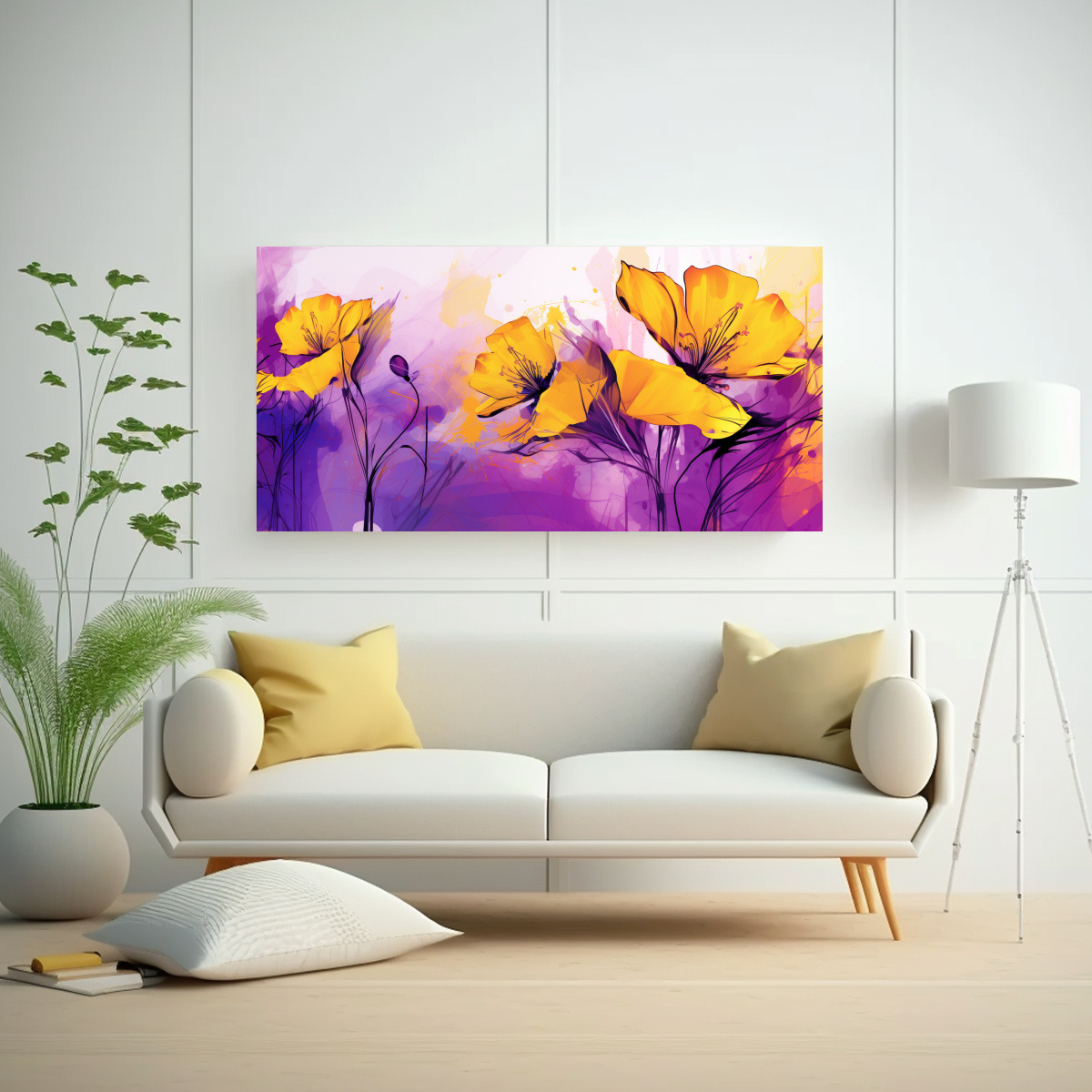 TELA EN BASTIDOR DISEÑO MÁGICO AMARILLO Y MORADO CON ATMOSFERA NEONOIR ESTILO DECORATIVO 140X70CM - 2