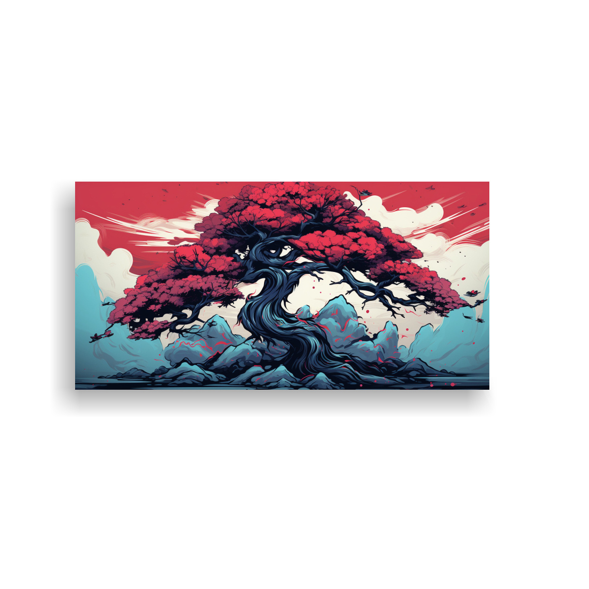 CUADRO DISEÑO ELEGANTE: ÁRBOL BONSÁI EN COLORES ROJO Y AZUL, AMBIENTE NEONOIR 140X70CM - 1