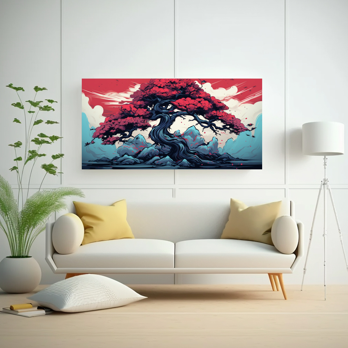 CUADRO DISEÑO ELEGANTE: ÁRBOL BONSÁI EN COLORES ROJO Y AZUL, AMBIENTE NEONOIR 140X70CM - 2