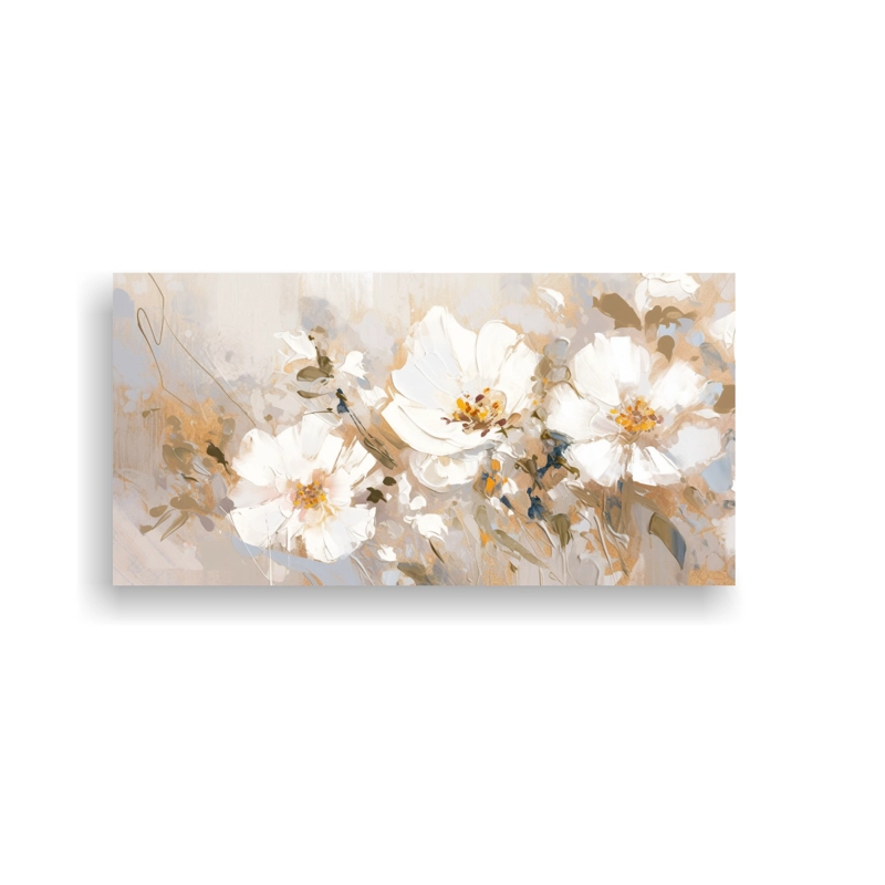 LIENZO DE TELA CREATIVA PARA COMEDOR EN BLANCO Y DORADO CON PINTURA DE FLORES EN EL LIENZO 80X40CM - 1