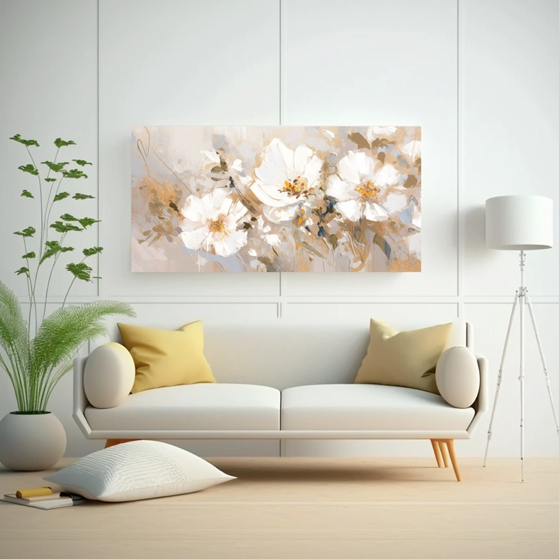 LIENZO DE TELA CREATIVA PARA COMEDOR EN BLANCO Y DORADO CON PINTURA DE FLORES EN EL LIENZO 80X40CM - 2