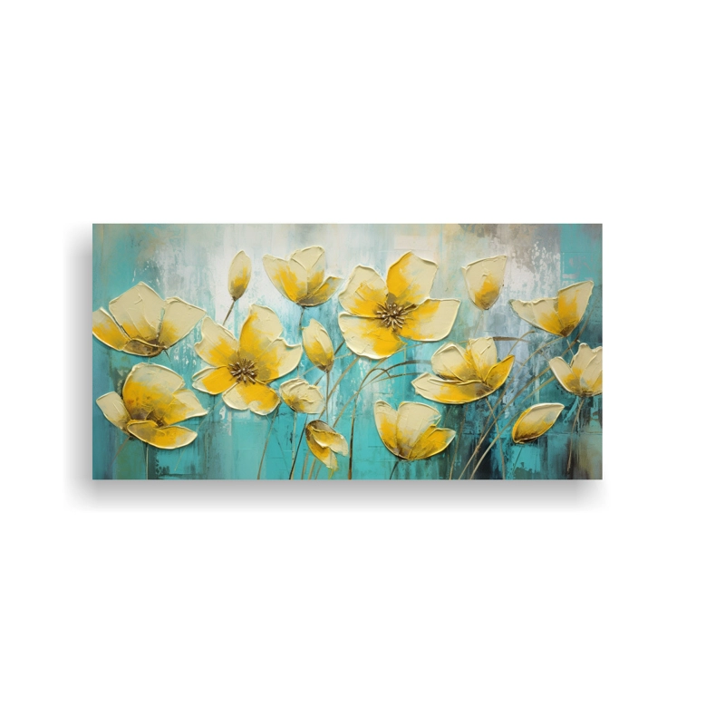 CUADRO VINTAGE LINEALES FLORES AMARILLO Y TURQUESA EN LIENZO PARA DECORACIÓN 40X20CM - 1