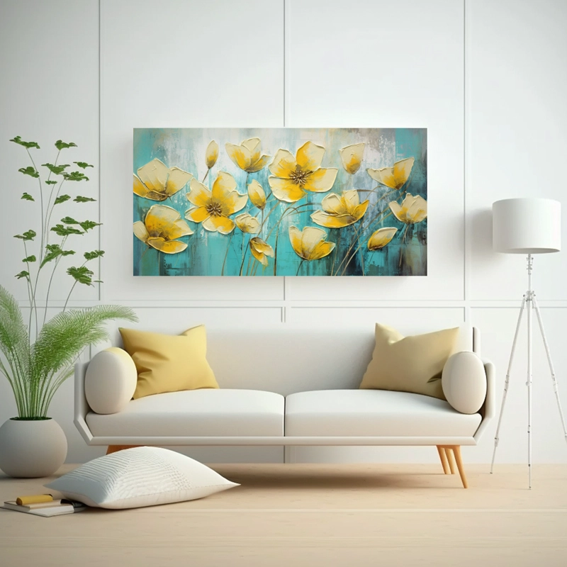 CUADRO VINTAGE LINEALES FLORES AMARILLO Y TURQUESA EN LIENZO PARA DECORACIÓN 40X20CM - 2