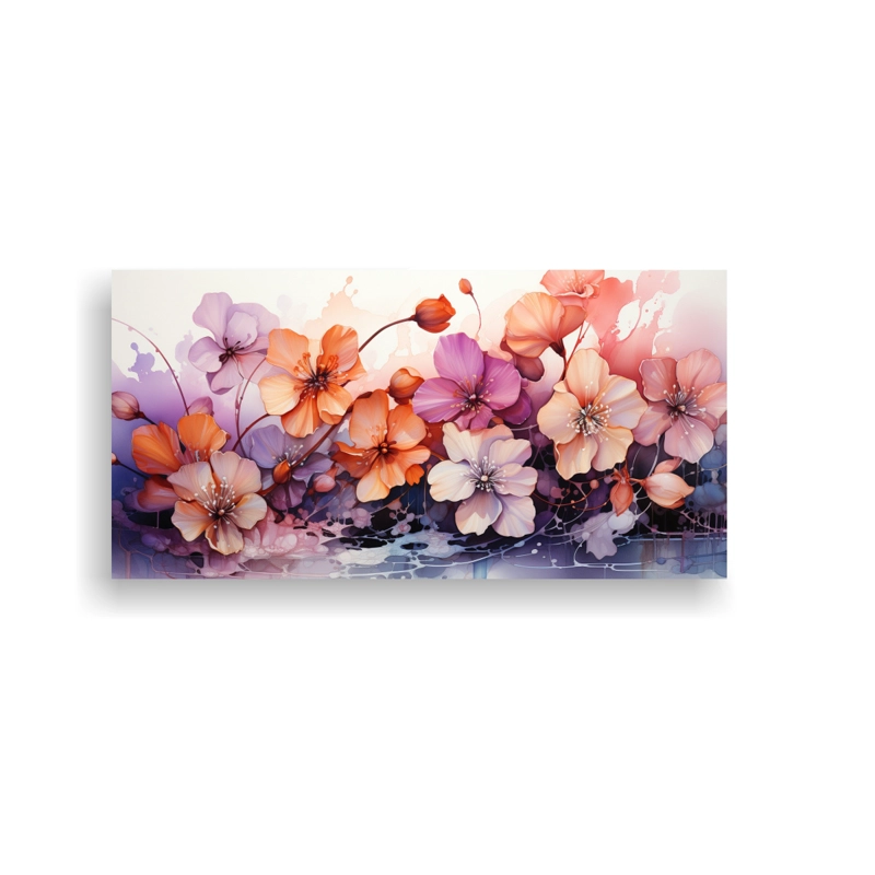 CUADRO DE ARTE FINO PODER A FLORES VIOLETAS COLORES NARANJA Y ROSA PINTURA ABSTRACTA DECOR 140X70CM - 1