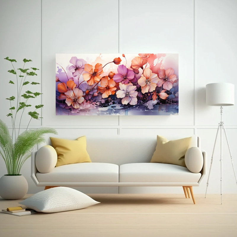 CUADRO DE ARTE FINO PODER A FLORES VIOLETAS COLORES NARANJA Y ROSA PINTURA ABSTRACTA DECOR 140X70CM - 2