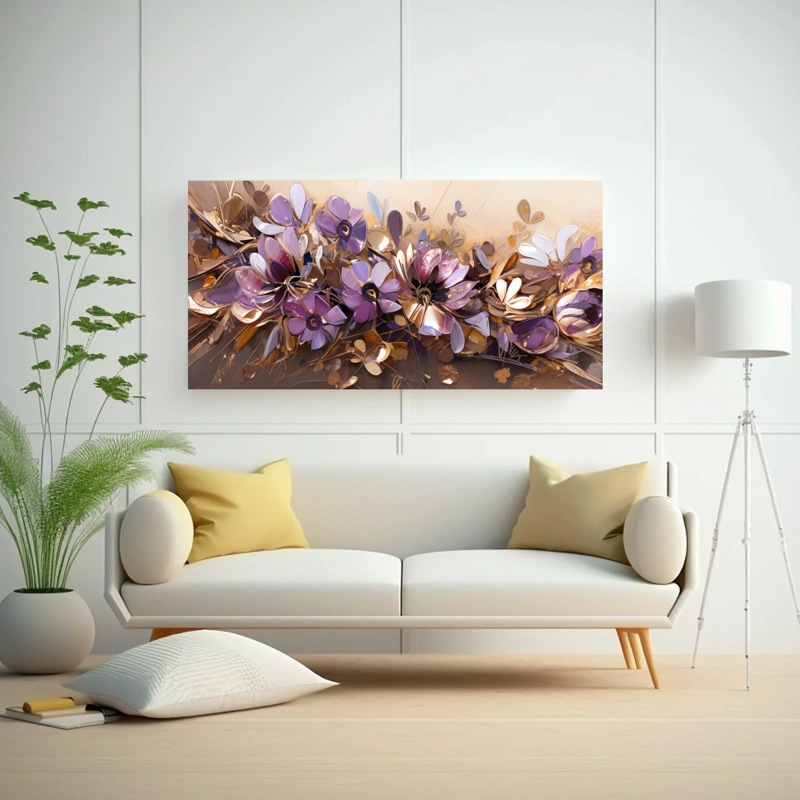 CUADRO DE ARTE FLORAL MORADO Y DORADO PARA DECORACIÓN DE PARED 160X80CM - 2