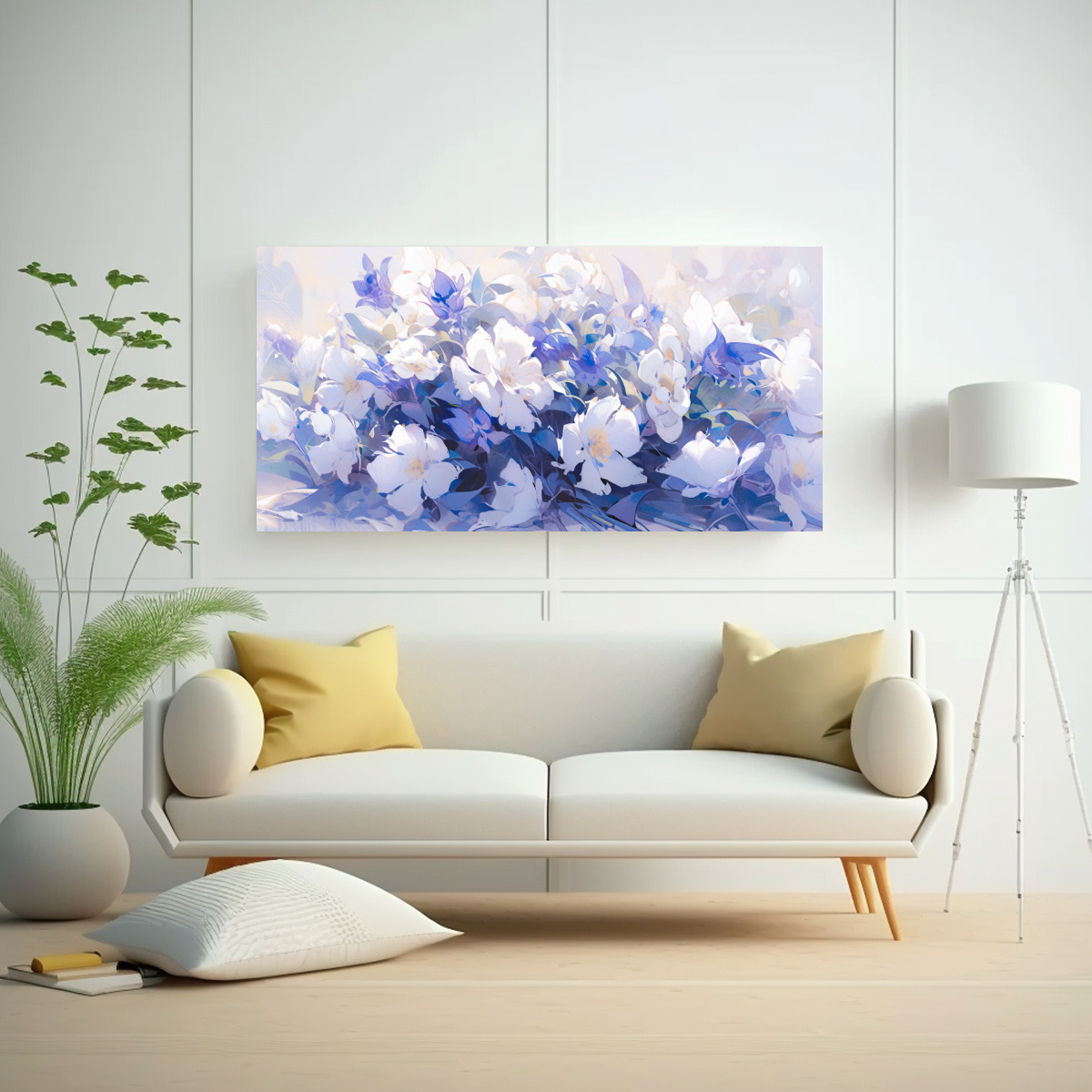 PINTURA LIENZO ESQUEMA DE FLORES MORADAS Y BLANCAS EN TELA 160X80CM - 2
