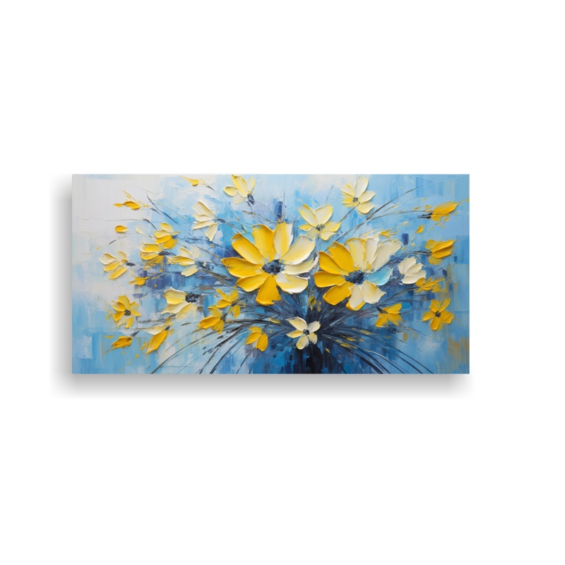 PINTURA DE FLORES AMARILLAS Y AZULES EN LIENZO PARA DECORACIÓN ARTÍSTICA 120X60CM - 1
