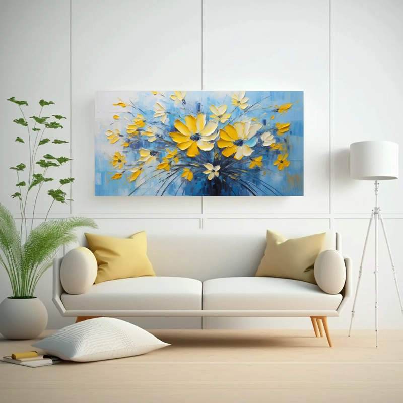 PINTURA DE FLORES AMARILLAS Y AZULES EN LIENZO PARA DECORACIÓN ARTÍSTICA 120X60CM - 2