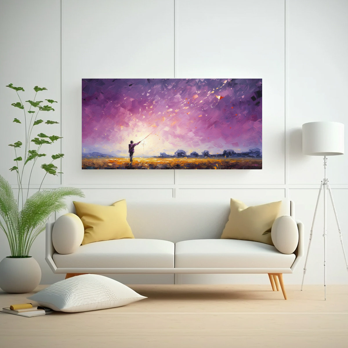 PINTURA DECORATIVA DE ARTE MOVIMIENTO IMPRESIONANTE, NOCHE ESTRELLADA DE UN HOMBRE VOLANDO 60X30CM - 2