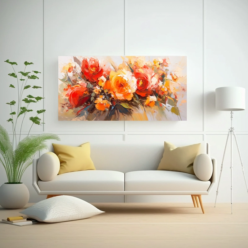 PINTURA ARMONÍA AMARILLO Y ROJO EN LIENZO DE FLORES 60X30CM - 2