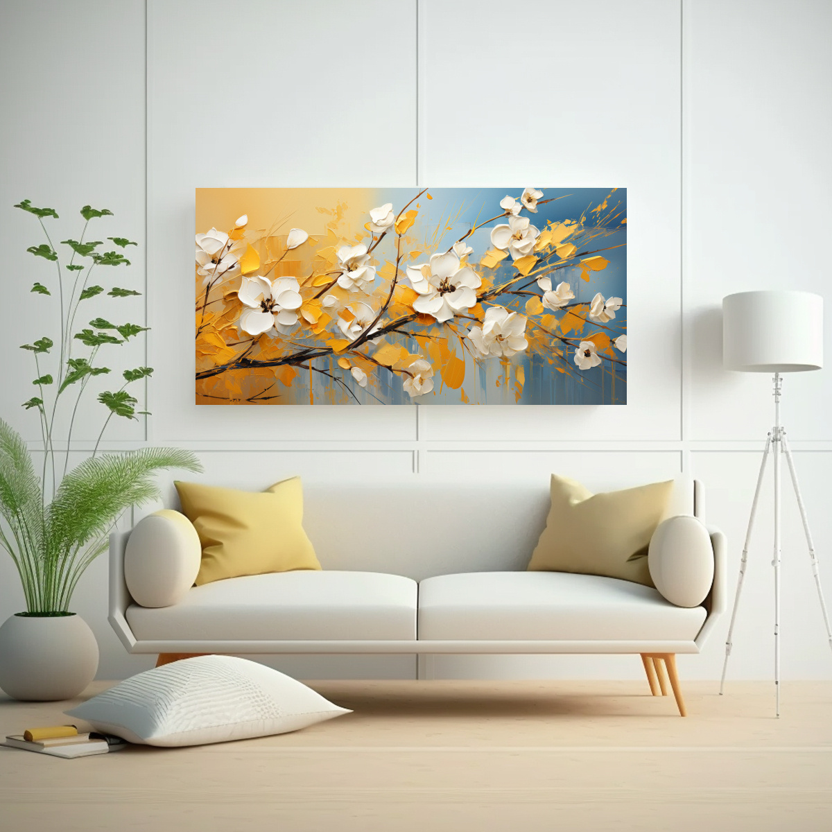 PINTURA DECORATIVA DE CONCEPTO ESTÉTICO EN CAÑA DE AZÚCAR AMARILLO Y BLANCO, ATMÓSFERA 60X30CM - 2