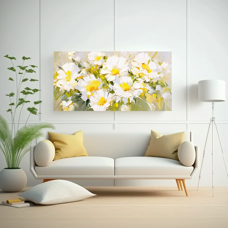 LIENZO DE TELA ACUARELA MODERNO AMARILLO Y BLANCO FLORES EN LIENZO 140X70CM - 2