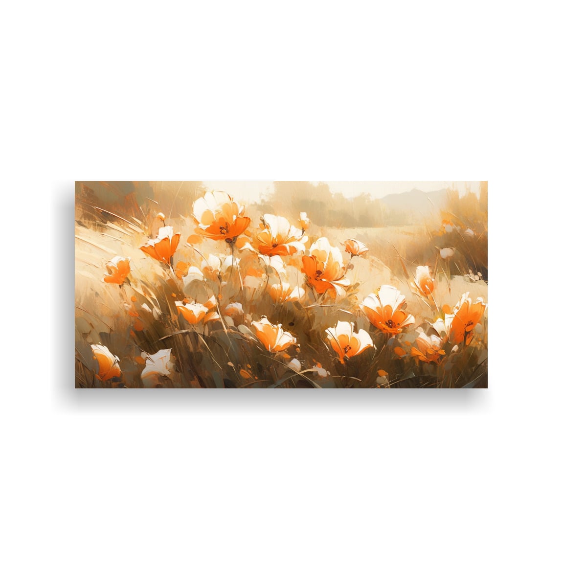 ARTE VANGUARDIA LUMINOSA: PINTURA A FLORES EN NARANJA Y DORADO EN LIENZO 100X50CM - 1
