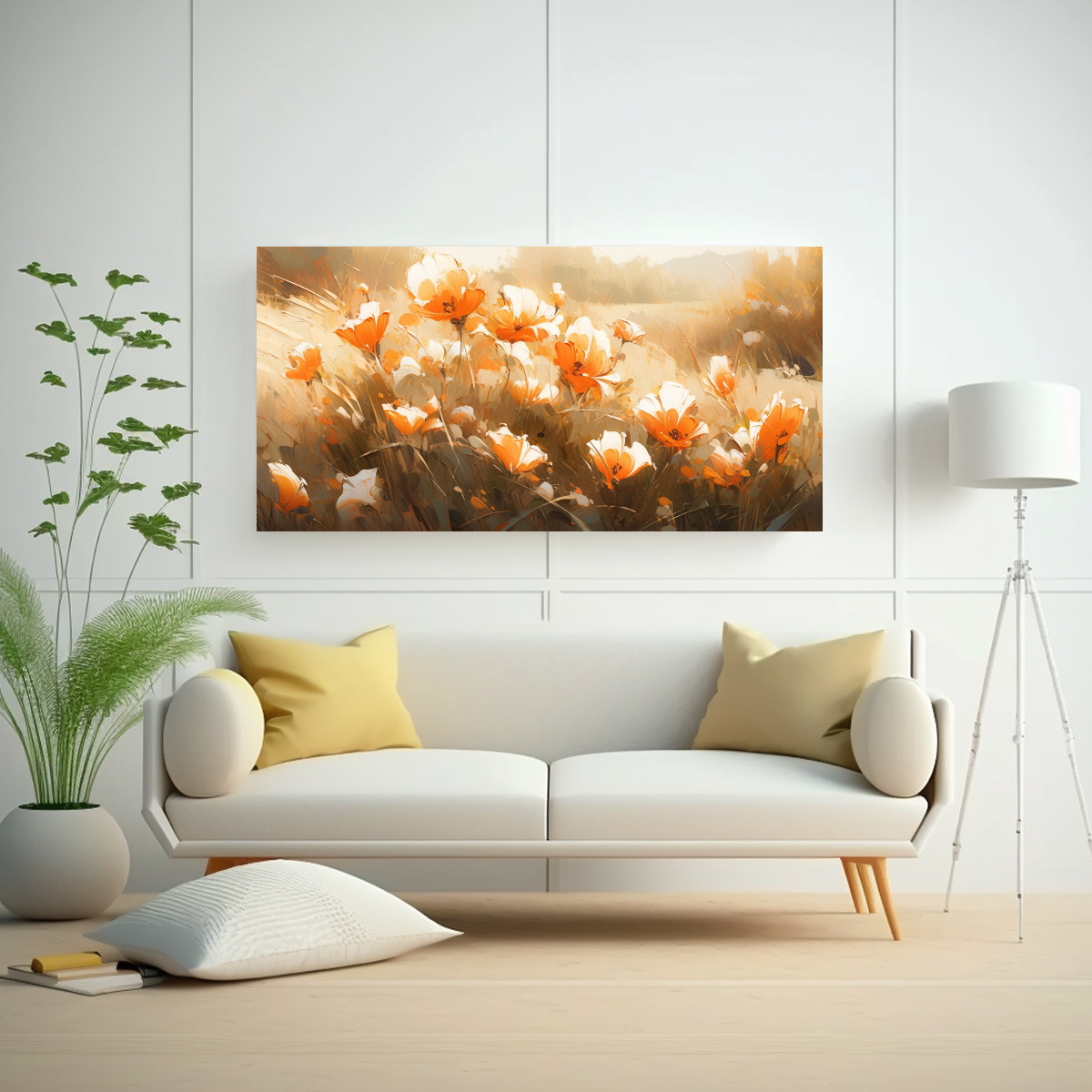 ARTE VANGUARDIA LUMINOSA: PINTURA A FLORES EN NARANJA Y DORADO EN LIENZO 100X50CM - 2