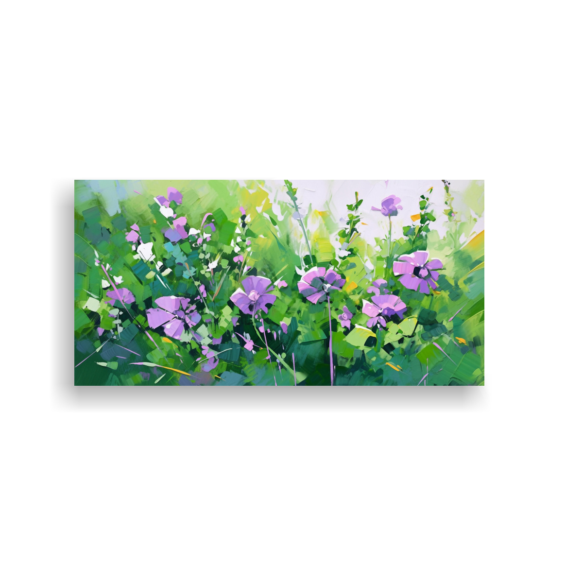 PINTURA EN BASTIDOR FLORES EN LOS COLORES VERDE Y MORADO EN TELA CANVAS CLÁSICO 100X50CM - 1