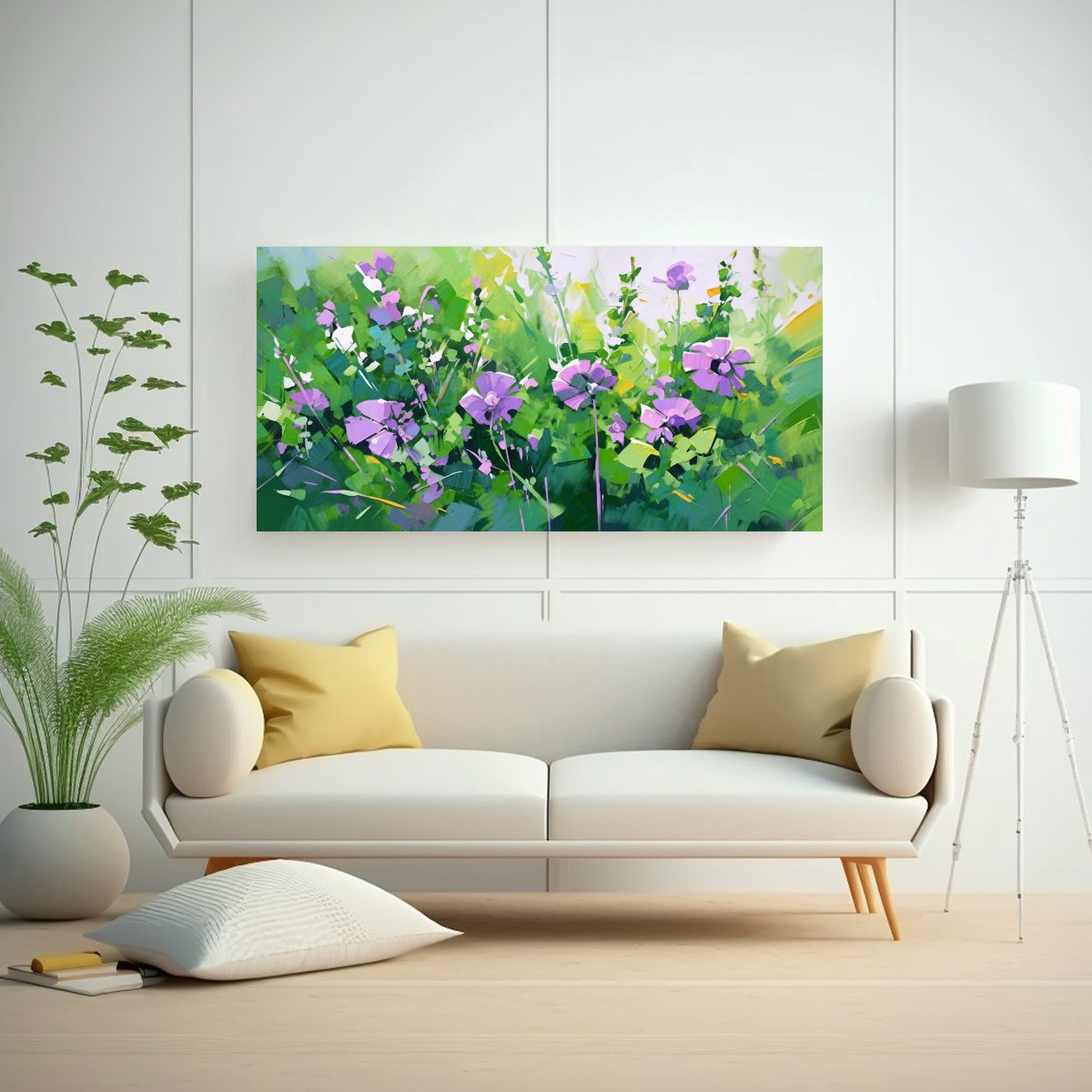 PINTURA EN BASTIDOR FLORES EN LOS COLORES VERDE Y MORADO EN TELA CANVAS CLÁSICO 100X50CM - 2