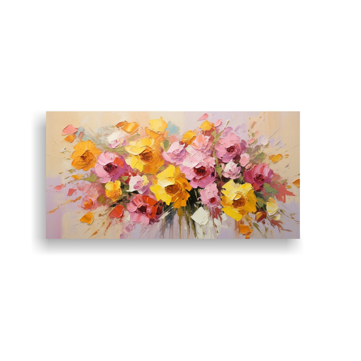 PINTURA ORIGINAL DE FLORES EN LIENZO: CUADRO ESPECTACULAR AMARILLO Y ROSA EN DECORACIÓN 40X20CM - 1