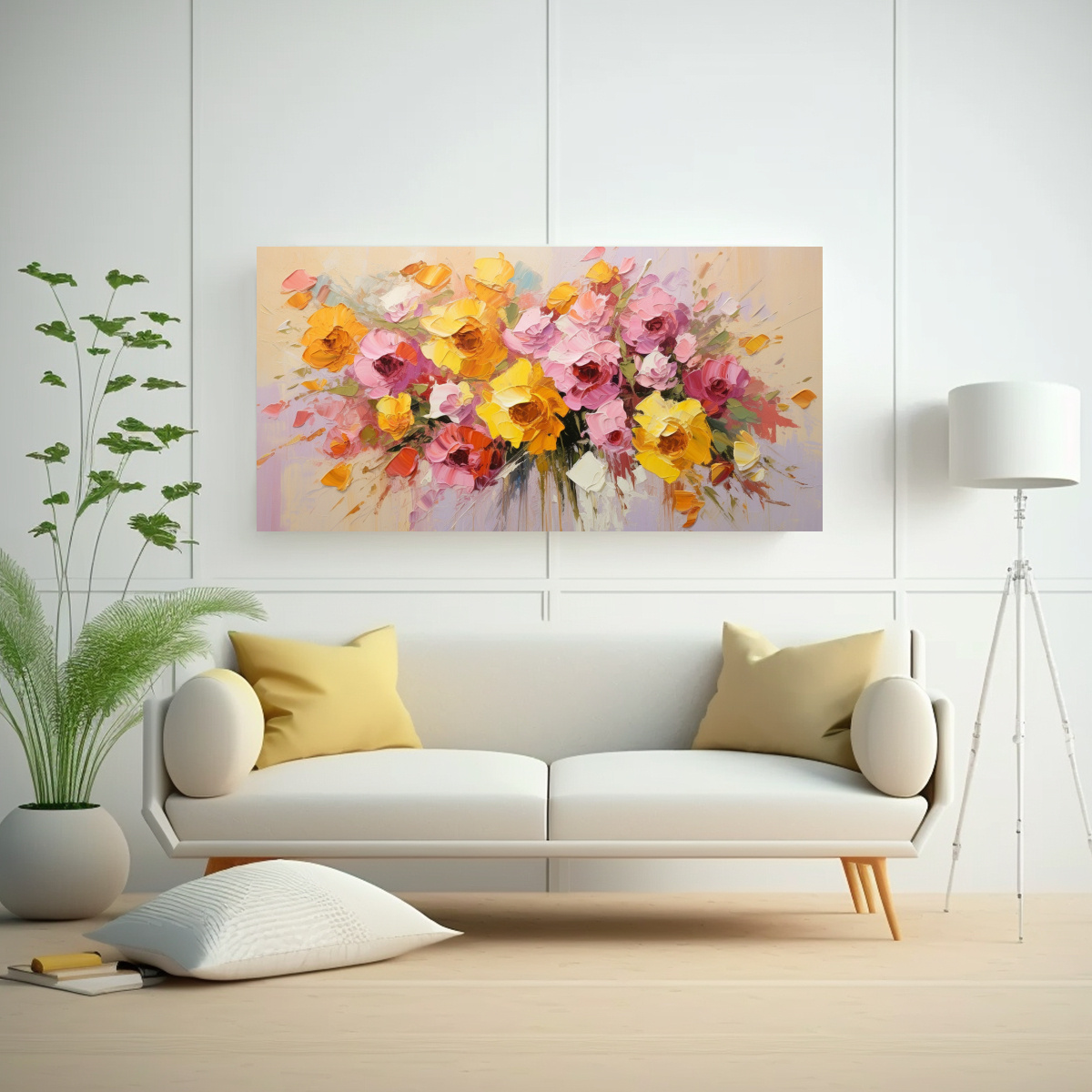 PINTURA ORIGINAL DE FLORES EN LIENZO: CUADRO ESPECTACULAR AMARILLO Y ROSA EN DECORACIÓN 40X20CM - 2
