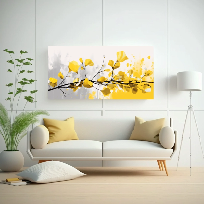 CUADRO IMPRESO ORIGINAL: ÁRBOL POPLAR EN AMARILLO Y BLANCO, ATMÓSFERA NEONOIR 60X30CM - 2