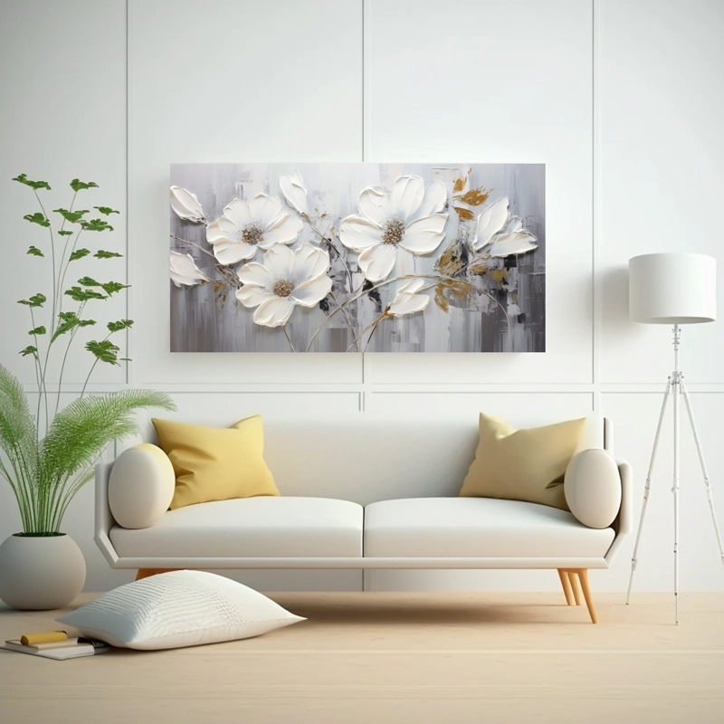 CUADRO EN LIENZO DE FLORES PLATEADAS EN ESTILO DECORATIVO 40X20CM - 2