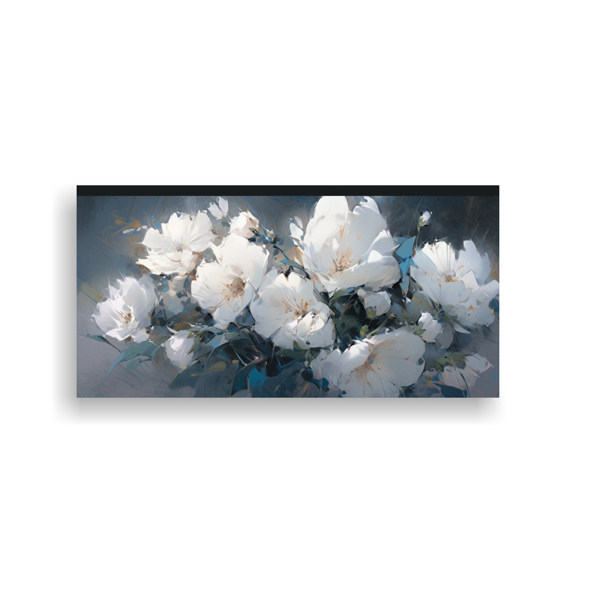 TELA EN BASTIDOR DECORATIVO CON FLORES BLANCAS Y NEGRAS EN PINTURA SOBRE LIENZO 40X20CM - 1