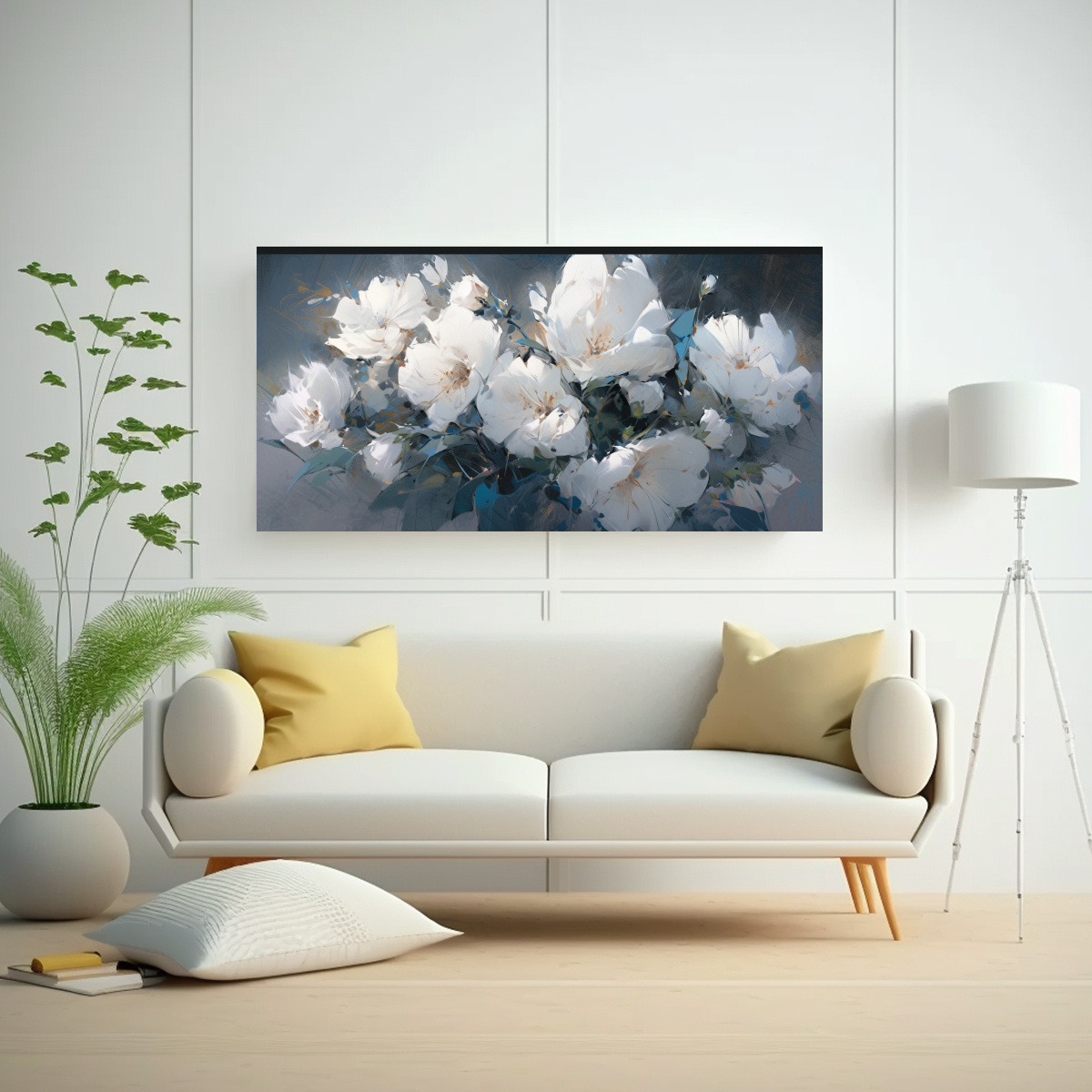 TELA EN BASTIDOR DECORATIVO CON FLORES BLANCAS Y NEGRAS EN PINTURA SOBRE LIENZO 40X20CM - 2
