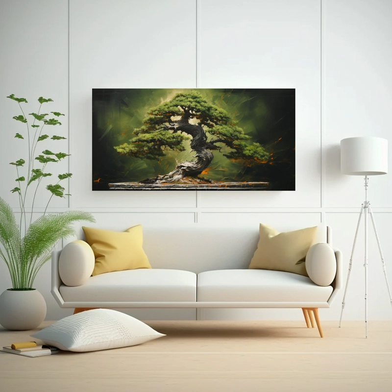CUADRO MODERNO DE ÁRBOL DE ABETO BONSÁI CON FIGURAS ABSTRACTAS EN ALTA CALIDAD 40X20CM - 2