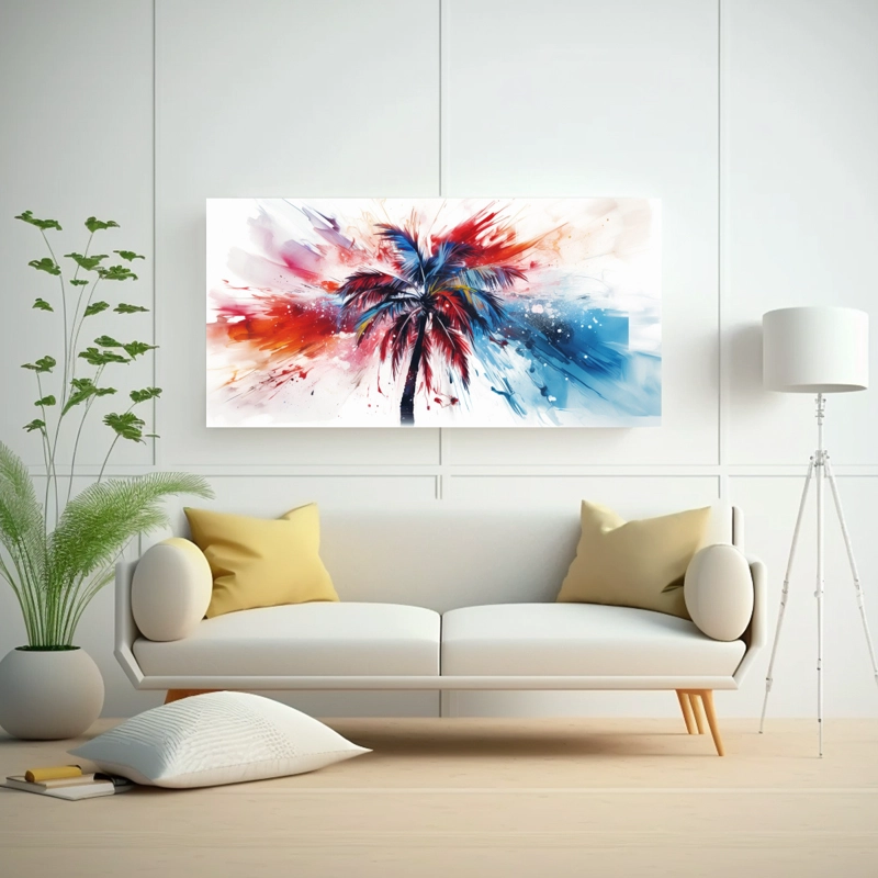 PINTURA ABSTRACTA DE PALMERA CON COLORES ROJO Y AZUL PARA DECORACIÓN 160X80CM - 2