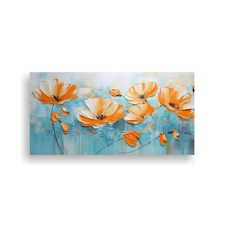 CUADRO DE FLORES EXCLUSIVO EN TURQUESA Y NARANJA SOBRE LIENZO 160X80CM - 1