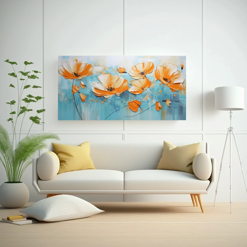 CUADRO DE FLORES EXCLUSIVO EN TURQUESA Y NARANJA SOBRE LIENZO 160X80CM - 2