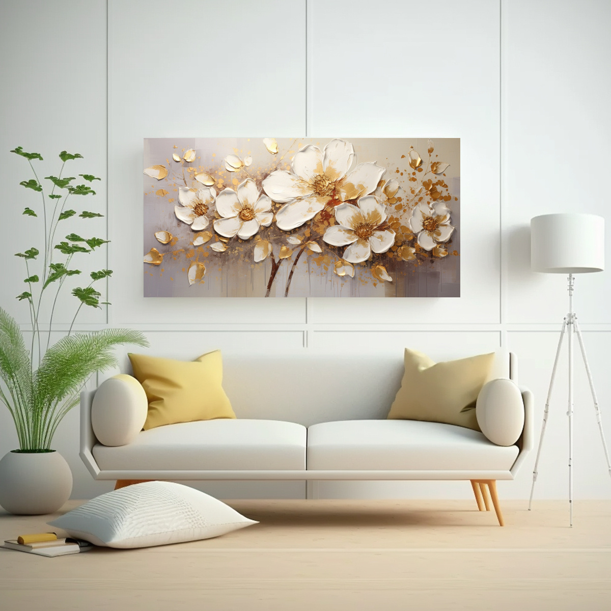 PINTURA EN LIENZO DE FLORES EN COLORES DORADOS AL ESTILO DE DECORACIÓN DE ARTE DE PARED A 60X30CM - 2