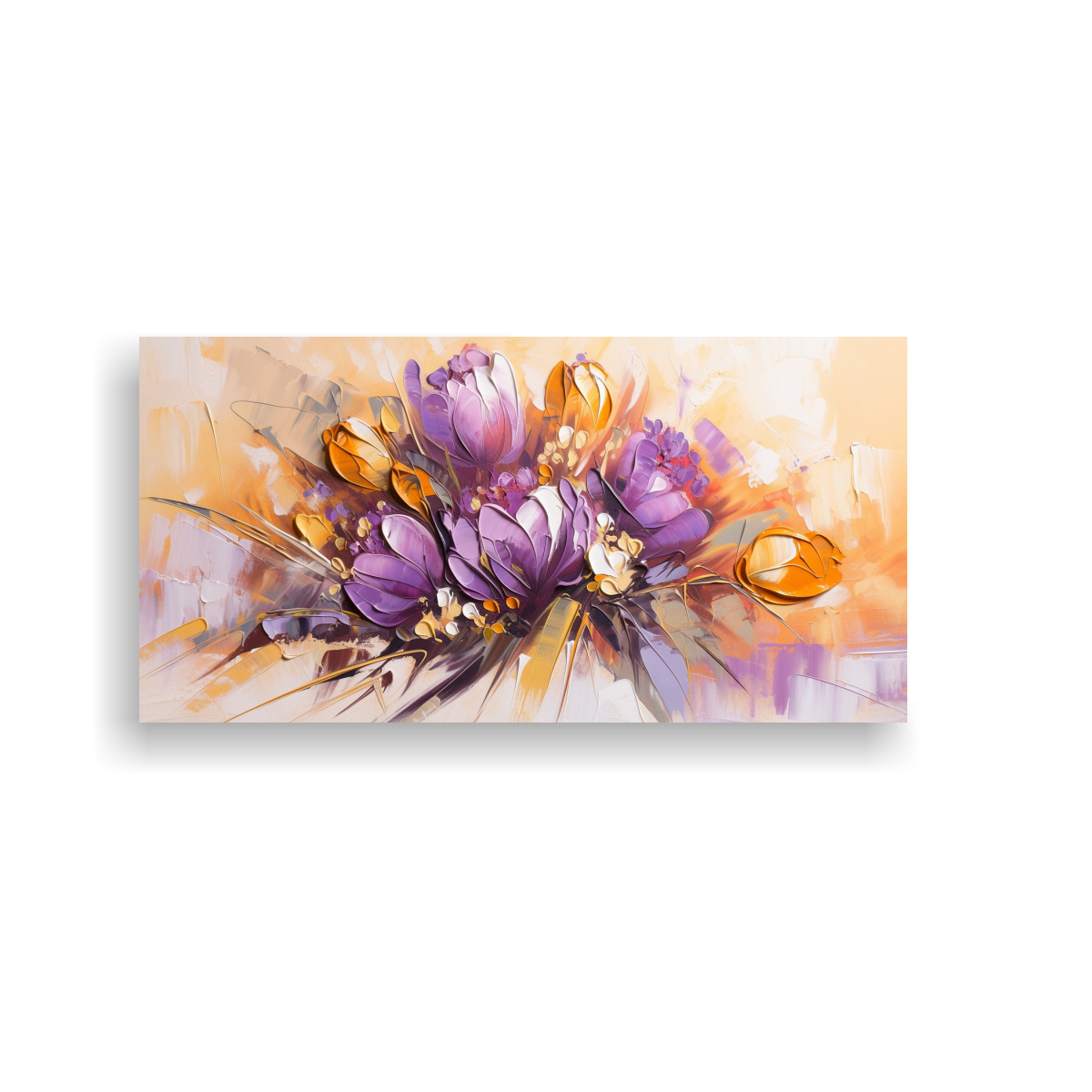 PINTURA SOBRE LIENZO DE FLORES MORADAS Y DORADAS CON DETALLES INTRINCADOS EN ARTE MODERNO  60X30CM - 1