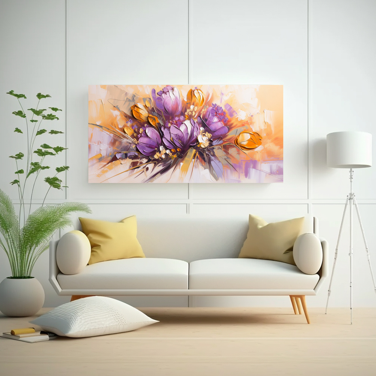 PINTURA SOBRE LIENZO DE FLORES MORADAS Y DORADAS CON DETALLES INTRINCADOS EN ARTE MODERNO  60X30CM - 2