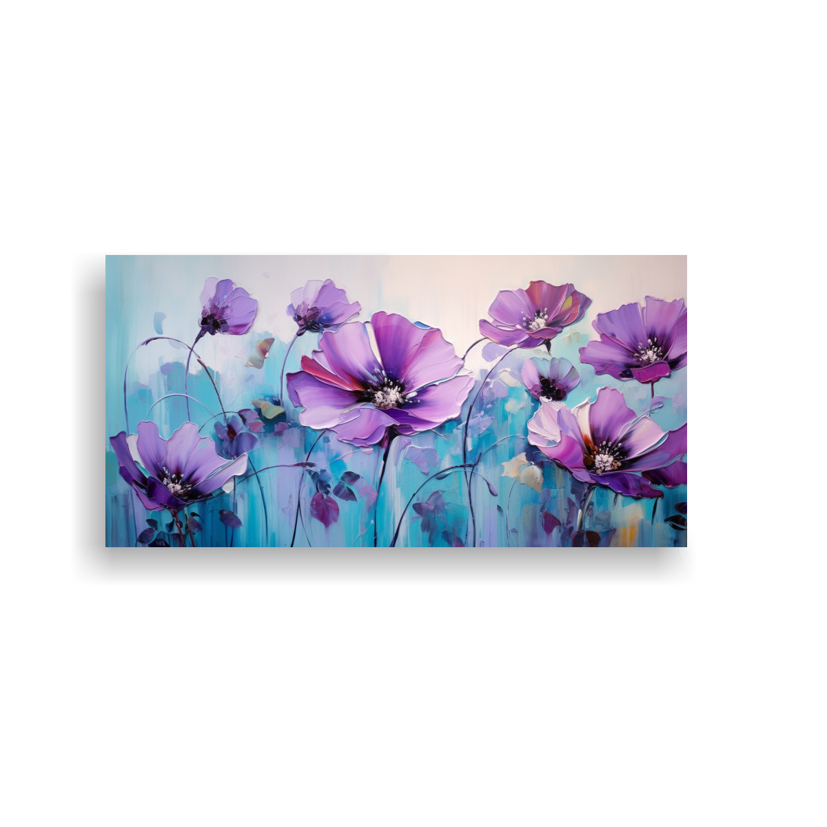 CUADRO DE FLORES PÚRPURAS Y CIAN ABSTRACTO EN COMPOSICIÓN DINÁMICA 80X40CM - 1