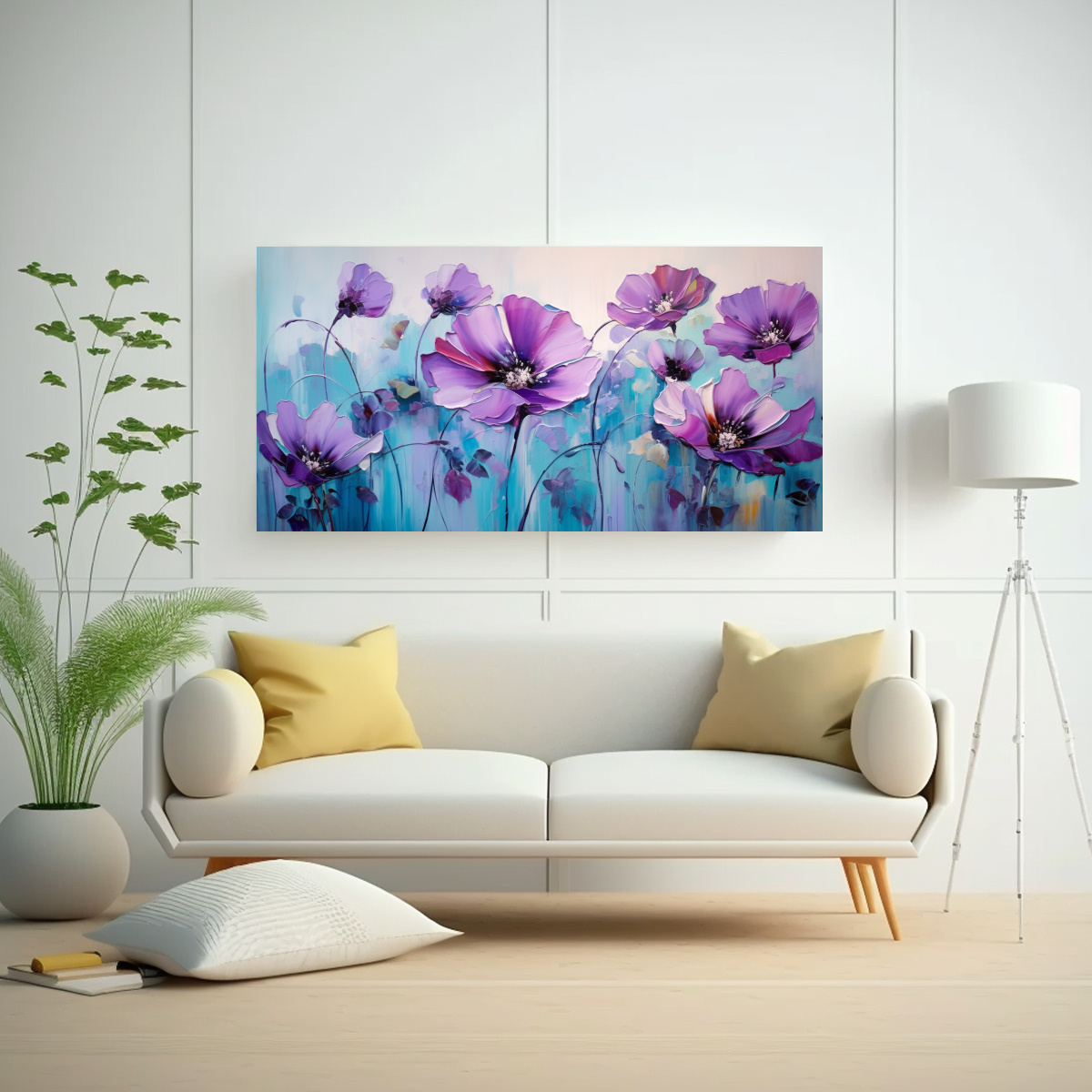 CUADRO DE FLORES PÚRPURAS Y CIAN ABSTRACTO EN COMPOSICIÓN DINÁMICA 80X40CM - 2