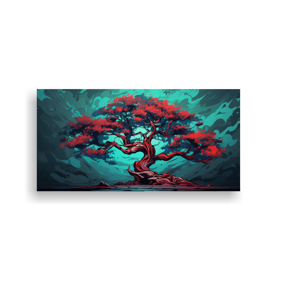 CUADRO EXPOSICIÓN DE DIBUJO EN LIENZO DE UN ÁRBOL DE JUNÍPERO EN COLORES ROJO Y TURQUES 160X80CM - 1