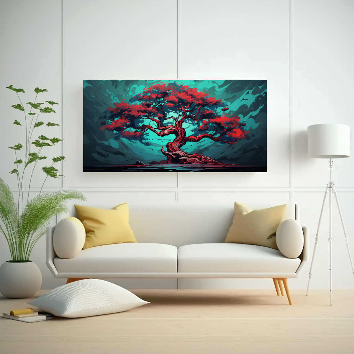 CUADRO EXPOSICIÓN DE DIBUJO EN LIENZO DE UN ÁRBOL DE JUNÍPERO EN COLORES ROJO Y TURQUES 160X80CM - 2