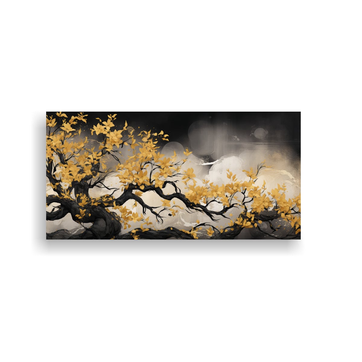 CUADRO DE ALTA CALIDAD: CREATIVIDAD EN UN ÁRBOL ACACIA EN COLORES ORO Y NEGRO  ATMÓSFERA 40X20CM - 1