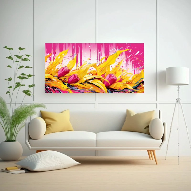CUADRO DE TELA CON ADORNO DE COLORES DE MAÍZ EN AMARILLO Y ROSA, ATMÓSFERA NEONOIR 40X20CM - 2