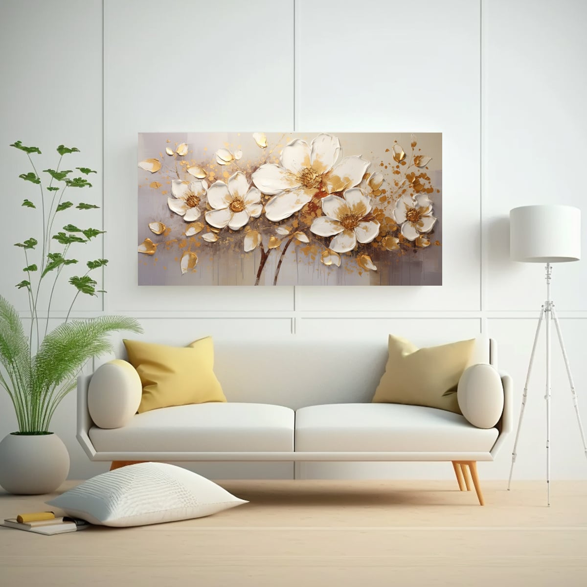 PINTURA EN LIENZO DE FLORES EN COLORES DORADOS AL ESTILO DE DECORACIÓN DE ARTE DE PARED A 40X20CM - 2