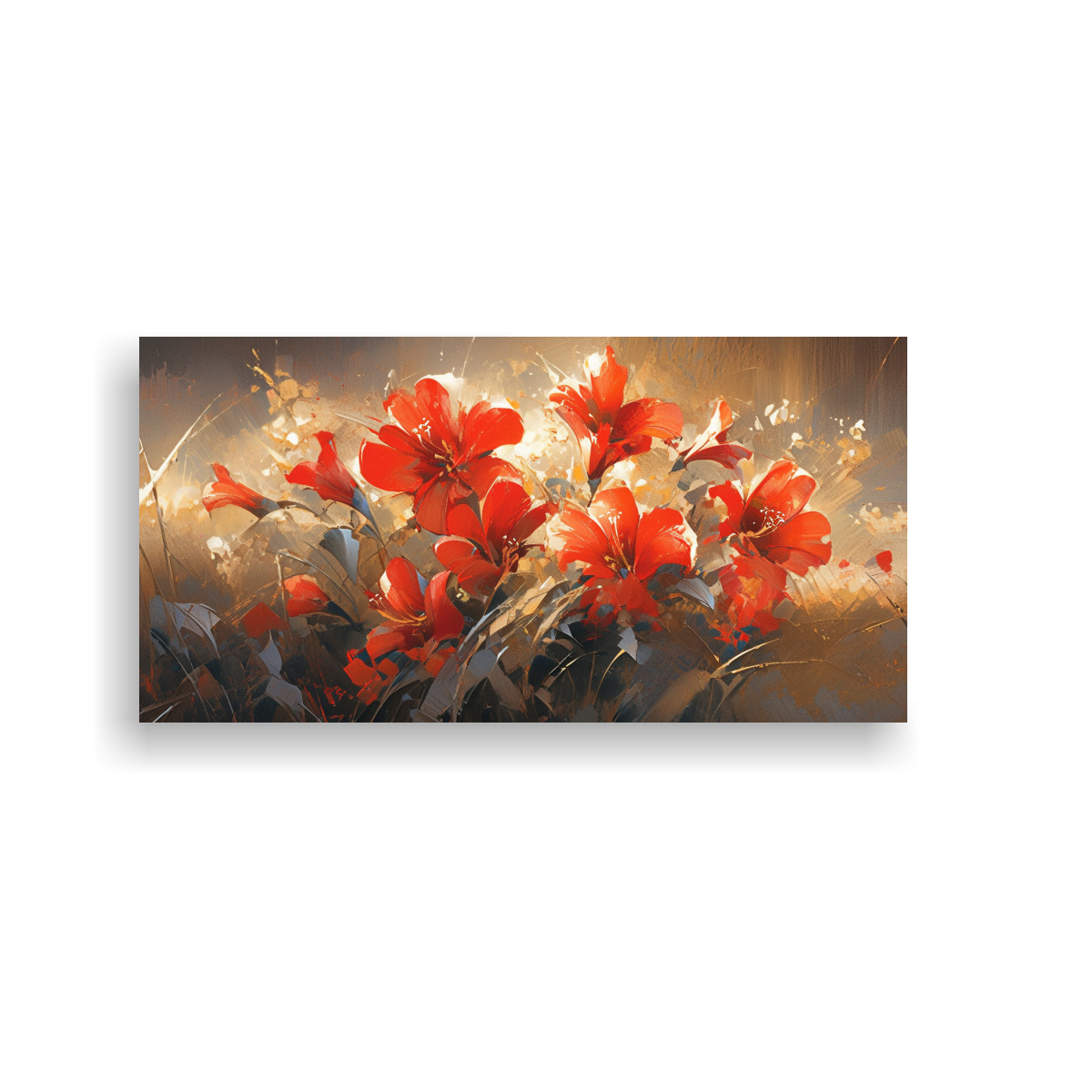 PINTURA ARTE PATRON INTENSO EN LIENZO CON TEMÁTICA DE FLORES EN COLORES ROJO Y DORADO EN 100X50CM - 1