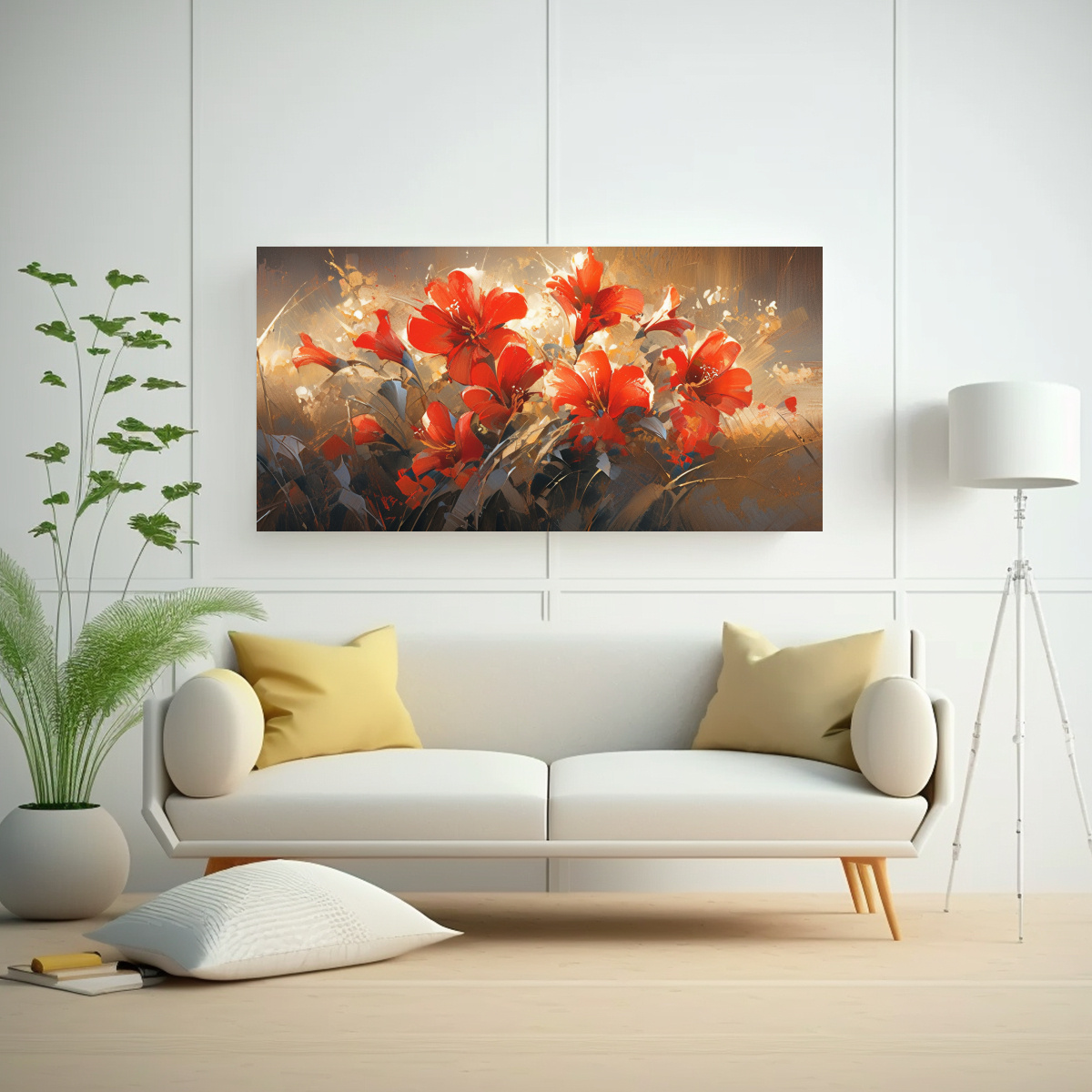 PINTURA ARTE PATRON INTENSO EN LIENZO CON TEMÁTICA DE FLORES EN COLORES ROJO Y DORADO EN 100X50CM - 2