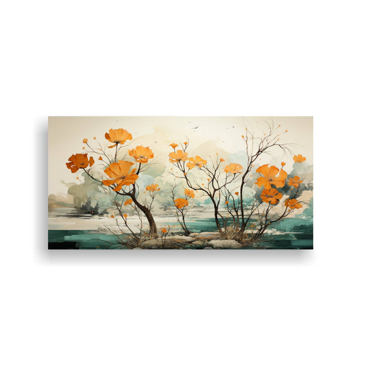 PINTURA DECORATIVA DE UN ÁRBOL DE ÁLAMO TEMBLÓN EN COLORES VERDE Y NARANJA EN ATMÓSFER 80X40CM - 1
