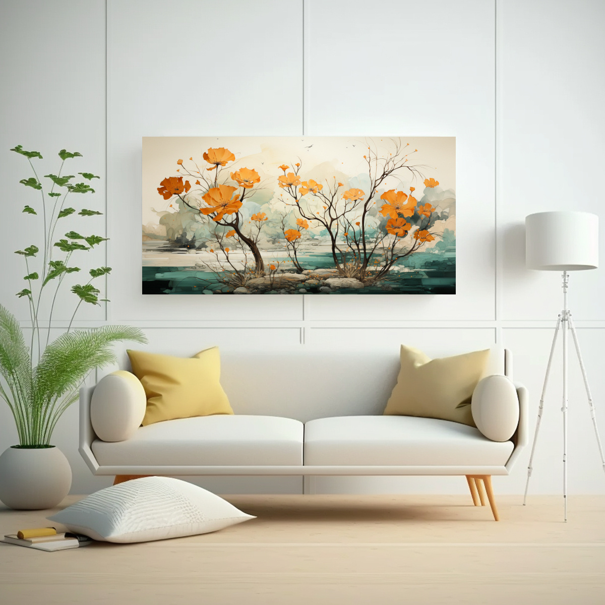 PINTURA DECORATIVA DE UN ÁRBOL DE ÁLAMO TEMBLÓN EN COLORES VERDE Y NARANJA EN ATMÓSFER 80X40CM - 2
