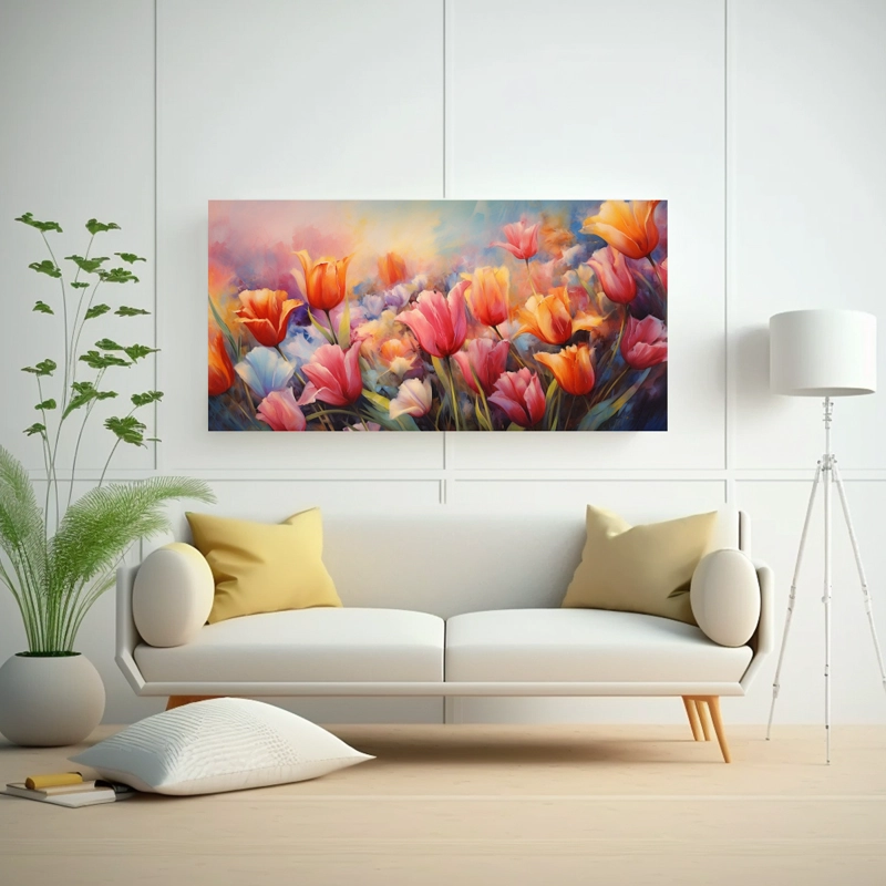 PINTURA ABSTRACTA DE TULIPANES EN TELA DE LIENZO CON TEXTURA DETALLADA EN ÓLEO ESTILO ALT 40X20CM - 2